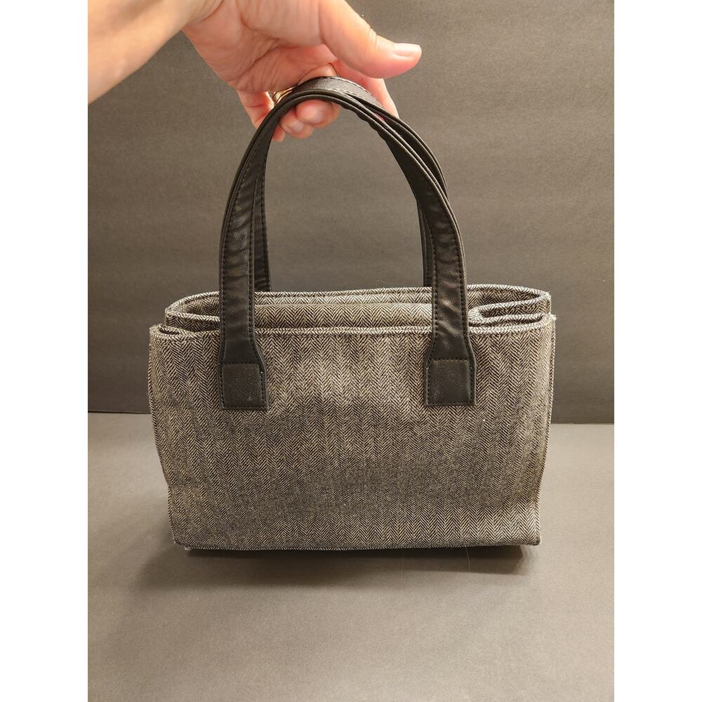LIZ CLAIBORNE Vtg Double Top Handle Purse Grey Black Wool Tweed Grannycore Mob
